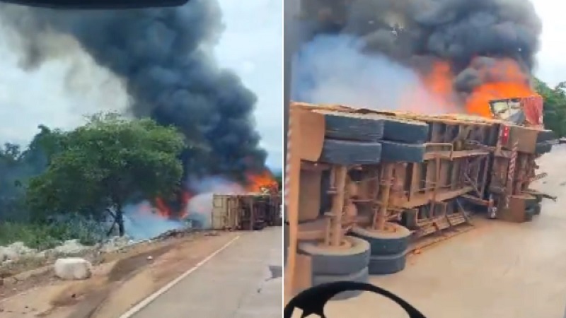 Carreta carregada de algodão tomba e pega fogo sem vitimas